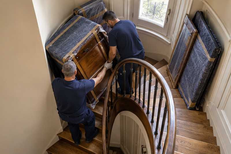 Bahut breton passé dans un escalier en colimaçon