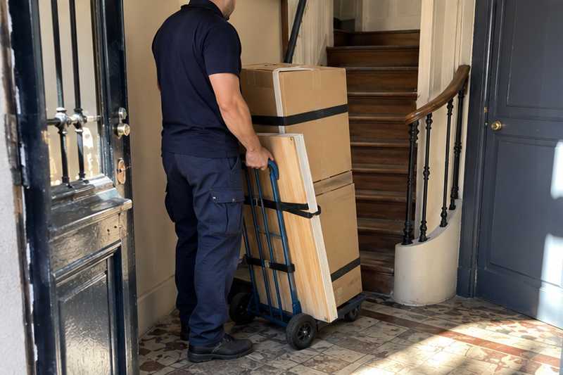 Bureau pliant sanglé contre des cartons