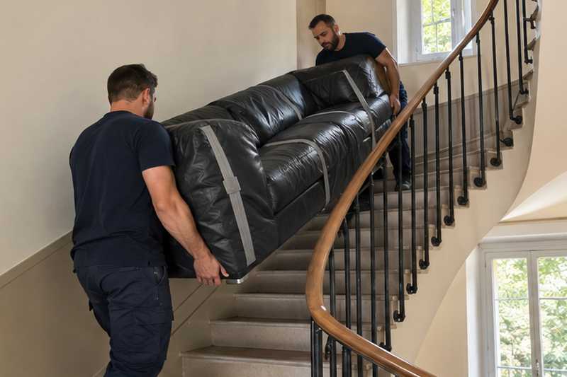 Canapé en cuir noir descendu par l'escalier