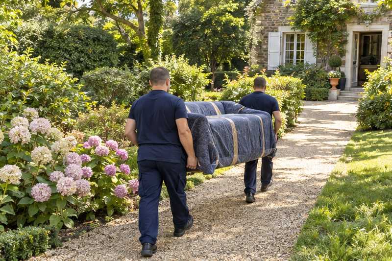 Canapé en lin sorti d'une maison en fond de parcelle