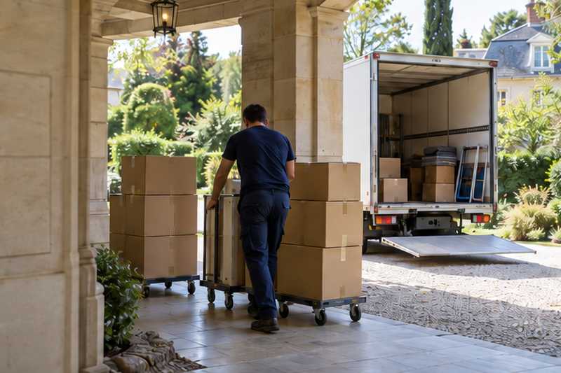 Cartons de vaisselle sur chariots sous un porche