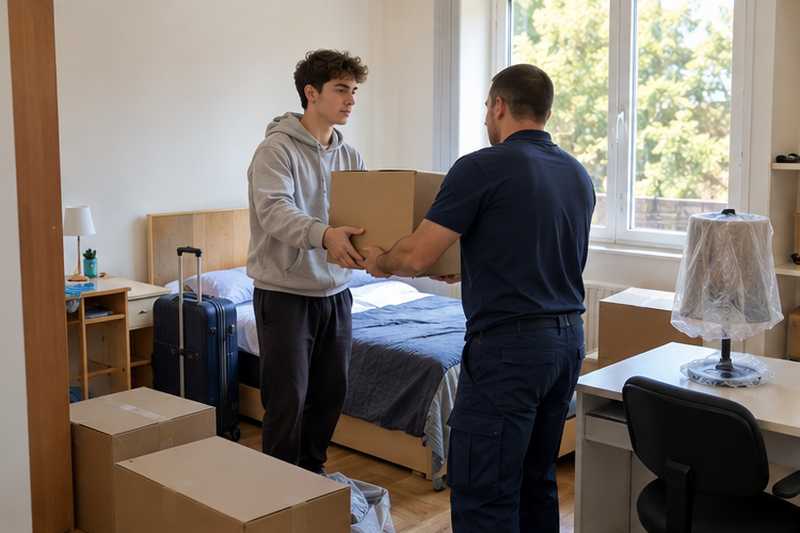 Chambre étudiante avec cartons et valise