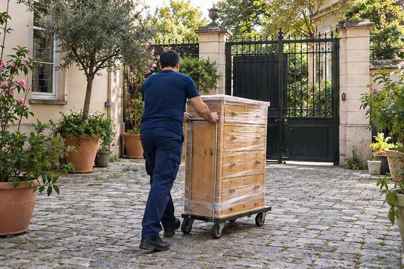 Commode en pin roulée dans une cour fermée