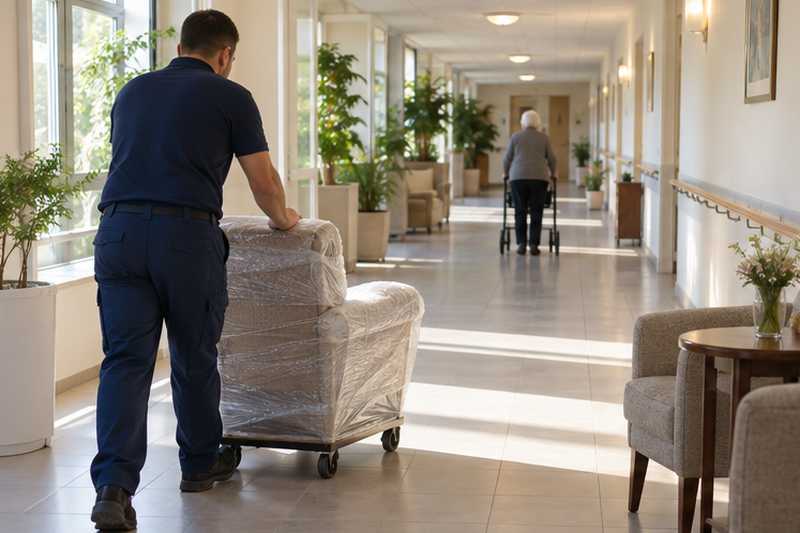 Fauteuil emballé dans un couloir de résidence