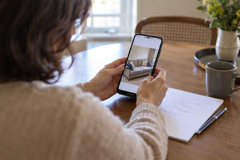 Liste de meubles avec photos sur un téléphone