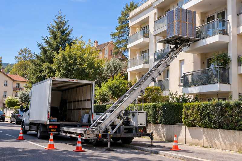 Monte-meuble dressé contre une façade de résidence