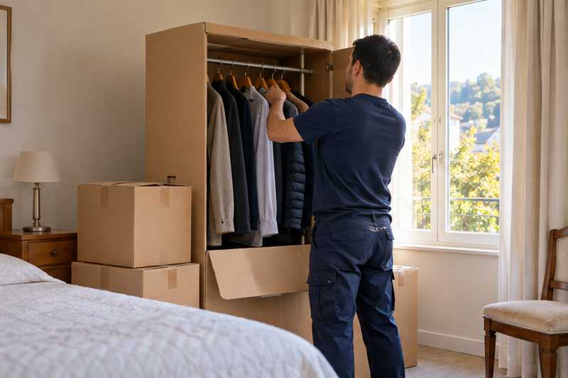 Vêtements sur cintres dans une penderie carton