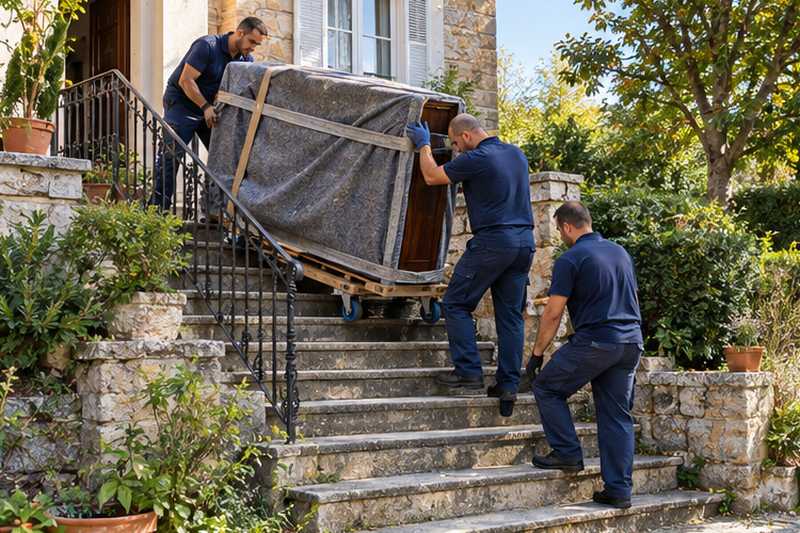 Piano descendu sur les marches d'une villa