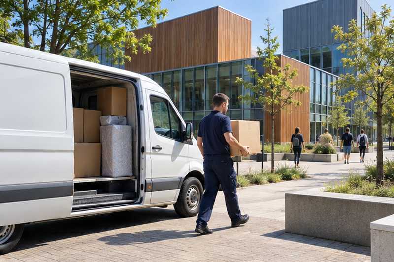 Utilitaire près de bâtiments modernes