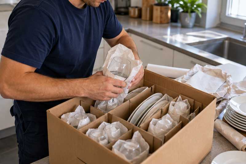 Vaisselle enveloppée de papier dans une cuisine