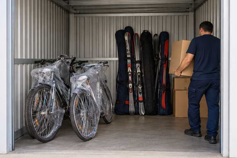 Vélos et skis rangés au fond d'un box